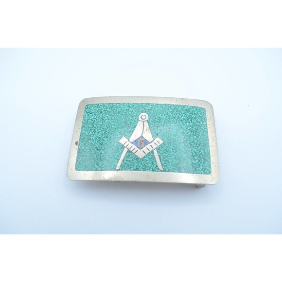 Sterling Silver Freemasons Belt Buckle With Turquoise Brass & Enamel Inlay main image 4